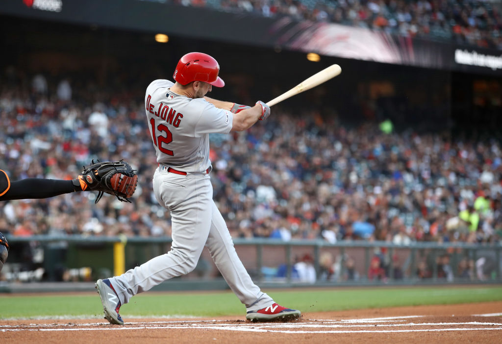 Paul DeJong singles against the San Francisco Giants