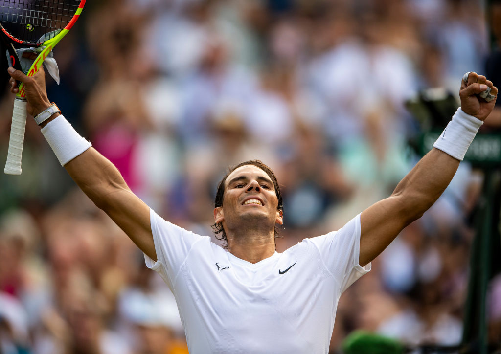 Rafael Nadal celebrates a win at Wimbledon