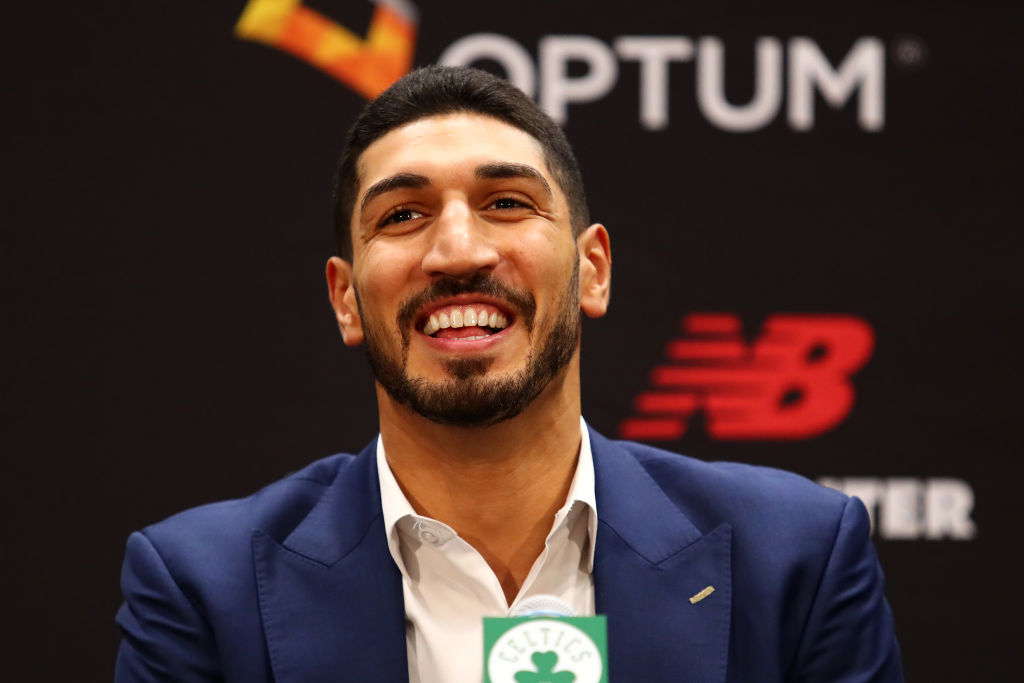 Enes Kanter laughs during Boston Celtics press conference
