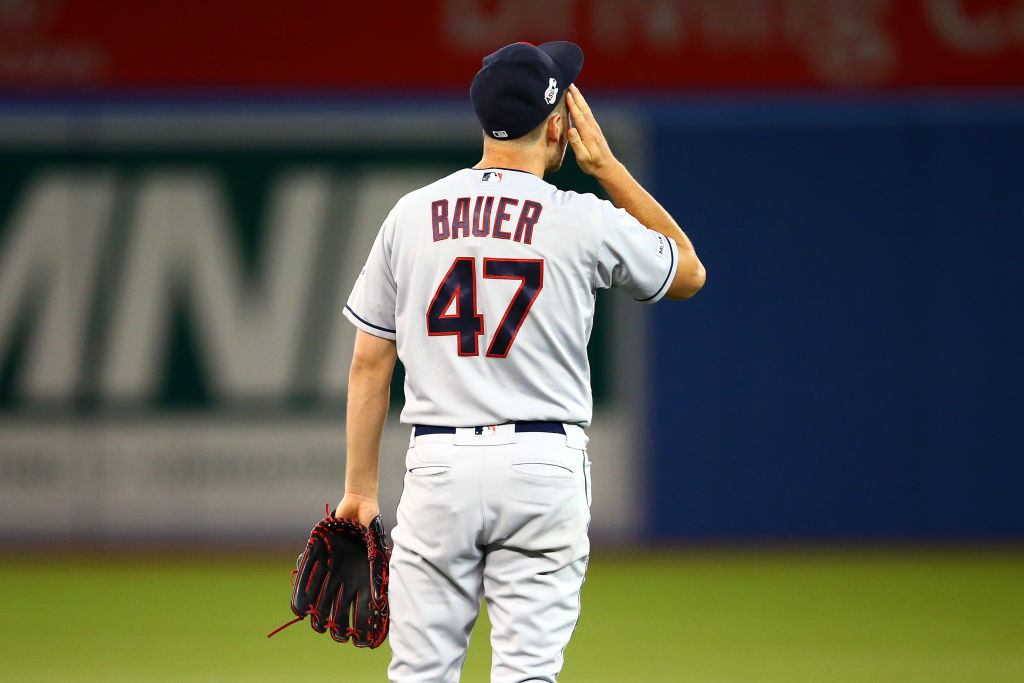 Trevor Bauer #47 of the Cleveland Indians reacts in the seventh inning