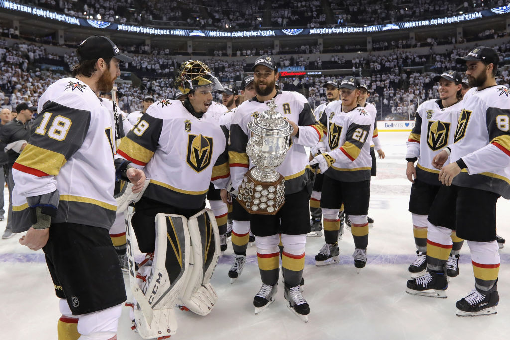 The Vegas Golden Knights celebrate winning the Western Conference
