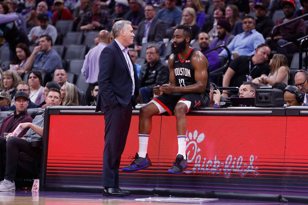 Houston Rockets coach Mike D'Antoni (left) has a plan for how to handle NBA superstars Russell Westbrook and James Harden (right) during the 2019-20 season.