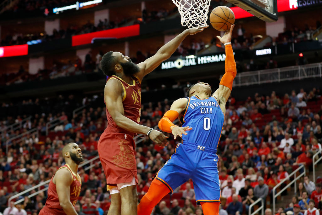 James Harden (left) and Russell Westbrook will have to work out the power dynamic when they team up on the Rockets.