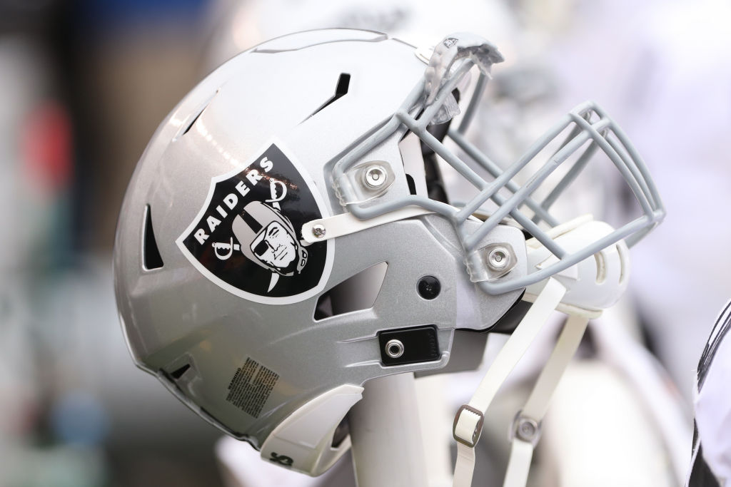 Oakland Raiders helmet sits during the game