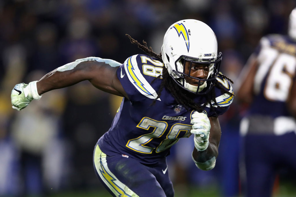 Melvin Gordon #28 of the Los Angeles Chargers