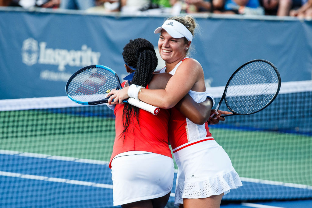 Cori Gauff and Caty McNally celebrating their 2019 Citi Open title