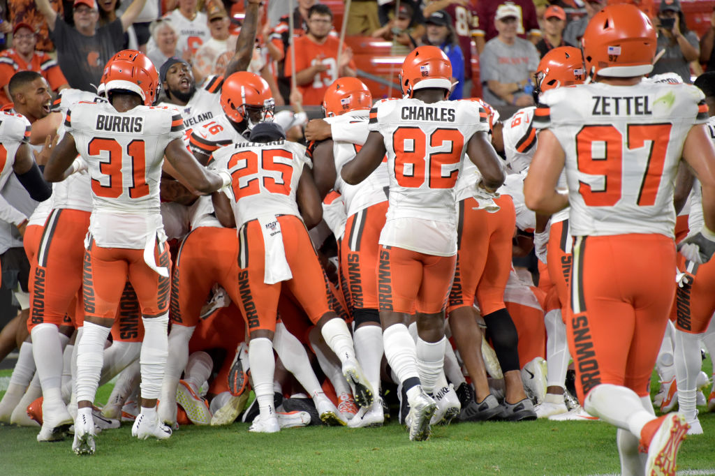 The Cleveland Browns piled on top of Damon Sheehy-Guiseppi after his big play