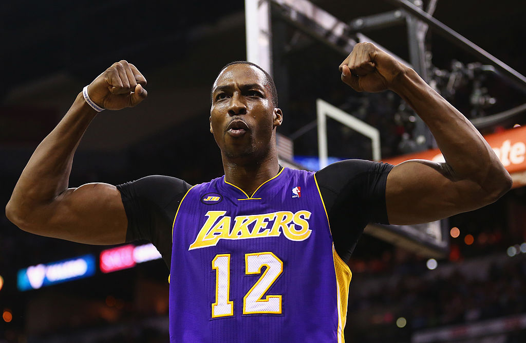 Dwight Howard #12 of the Los Angeles Lakers reacts after being fouled