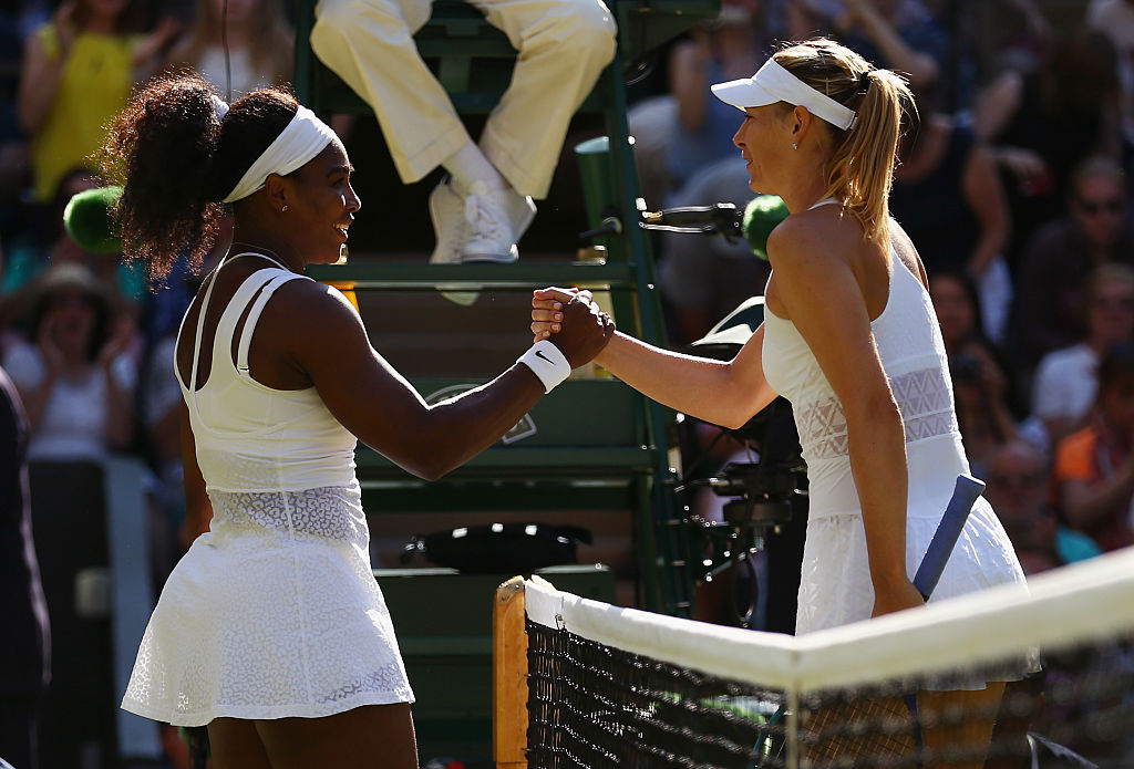 Serena Williams of the United States celebrates at the net