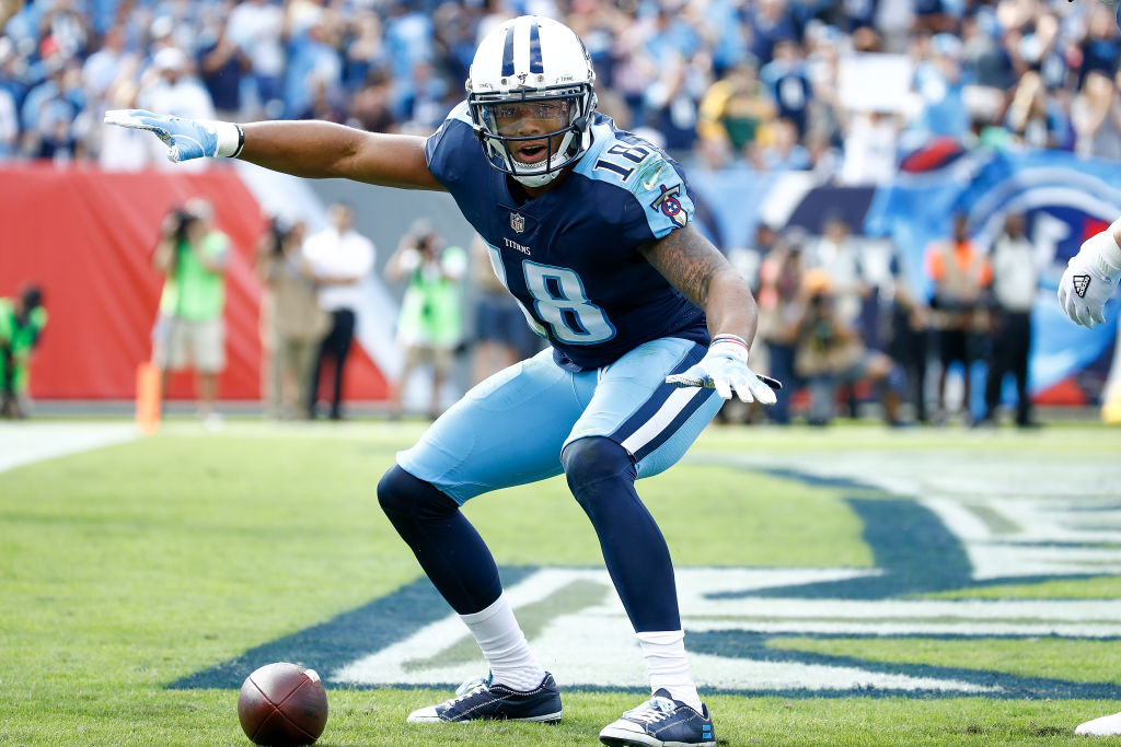 Rishard Matthews, a former wide receiver for the Tennessee Titans, celebrates after scoring a touchdown