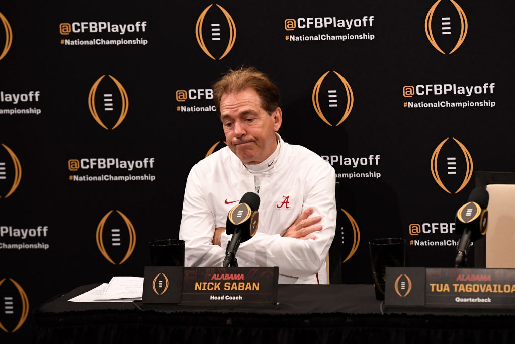 Alabama football coach Nick Saban (right) and his Crimson Tide players still can't give credit to Clemson for beating them in the 2019 championship game.