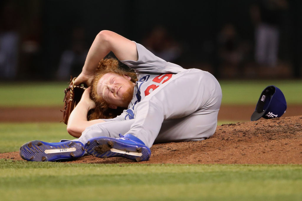 The Dodgers Dustin May is one of several MLB pitchers who were struck by line drives in recent years. May was hit in the head in 2019.