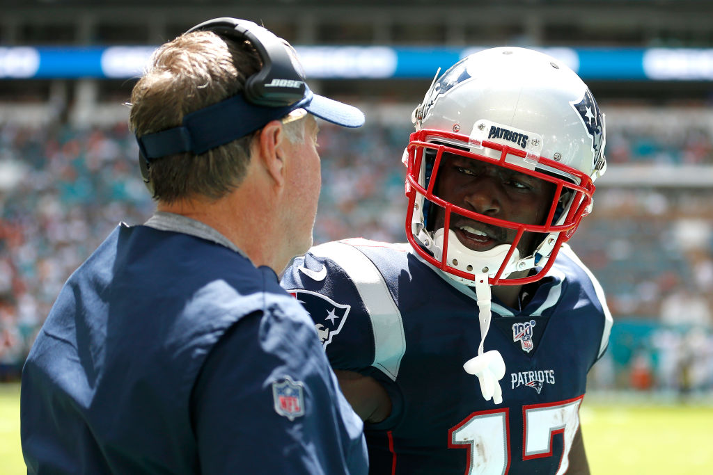 Antonio Brown talks to Bill Belichick before being cut by the New England Patriots.