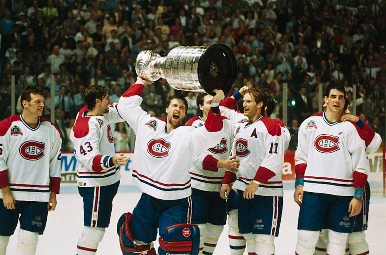 Patrick Roy lifts the Stanley Cup in 1993.
