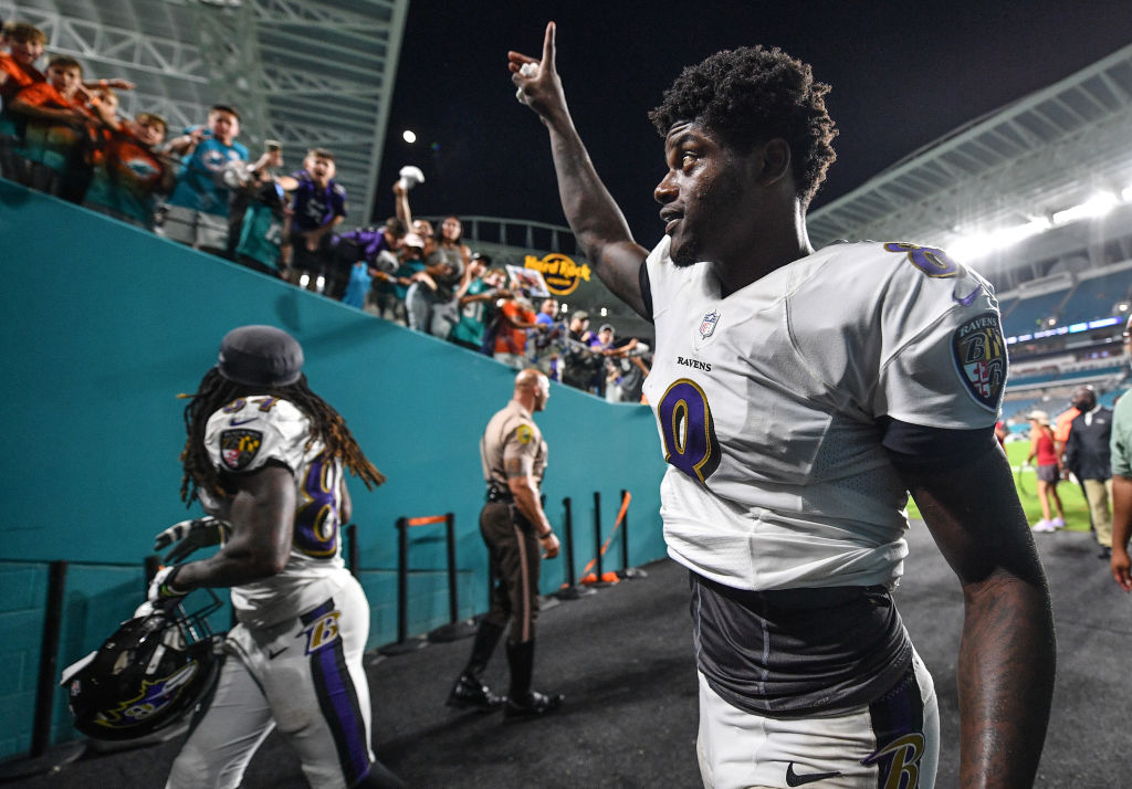 Lamar Jackson #8 of the Baltimore Ravens