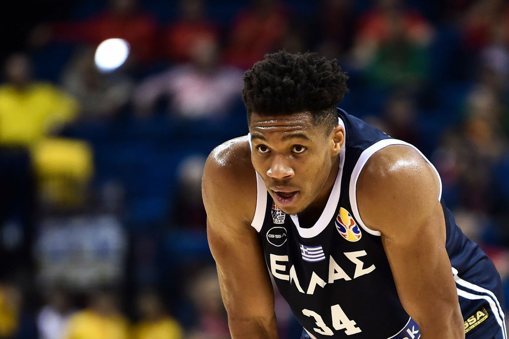 Giannis Antetokounmpo #34 of Greece reacts