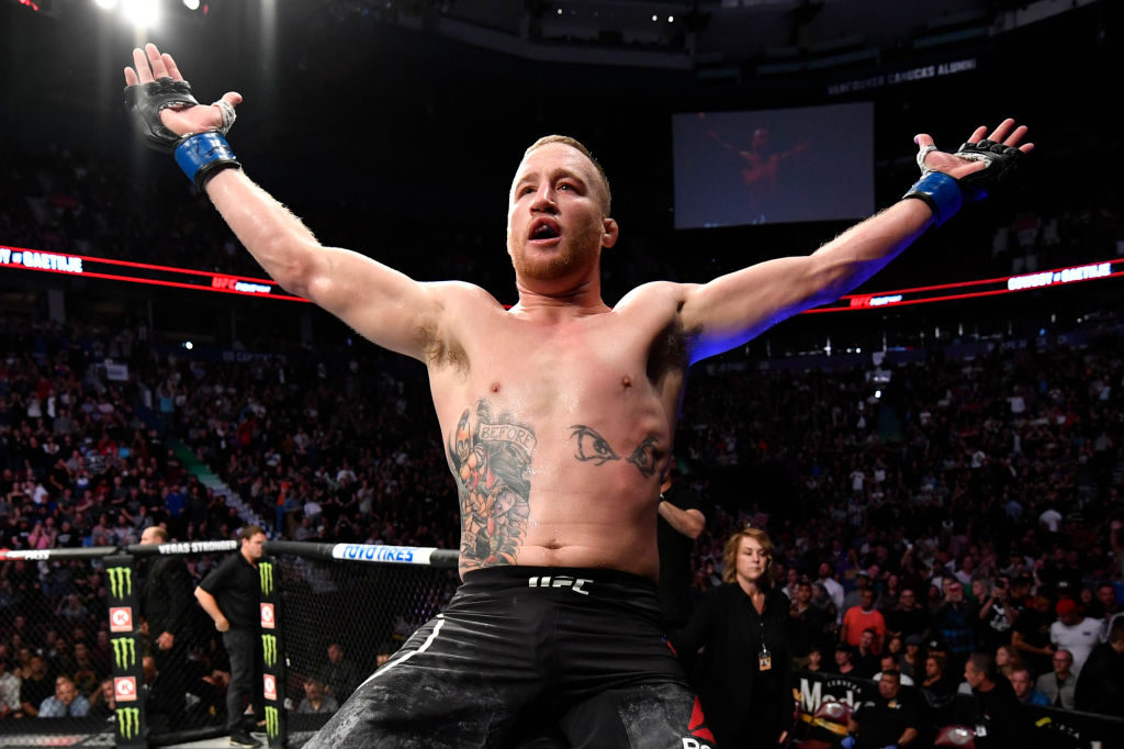 Justin Gaethje celebrates after defeating Donald Cerrone