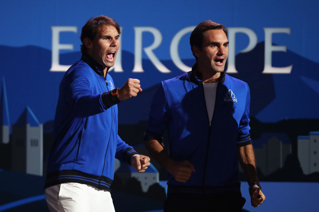 Rafael Nadal and Roger Federer of Team Europe celebrate