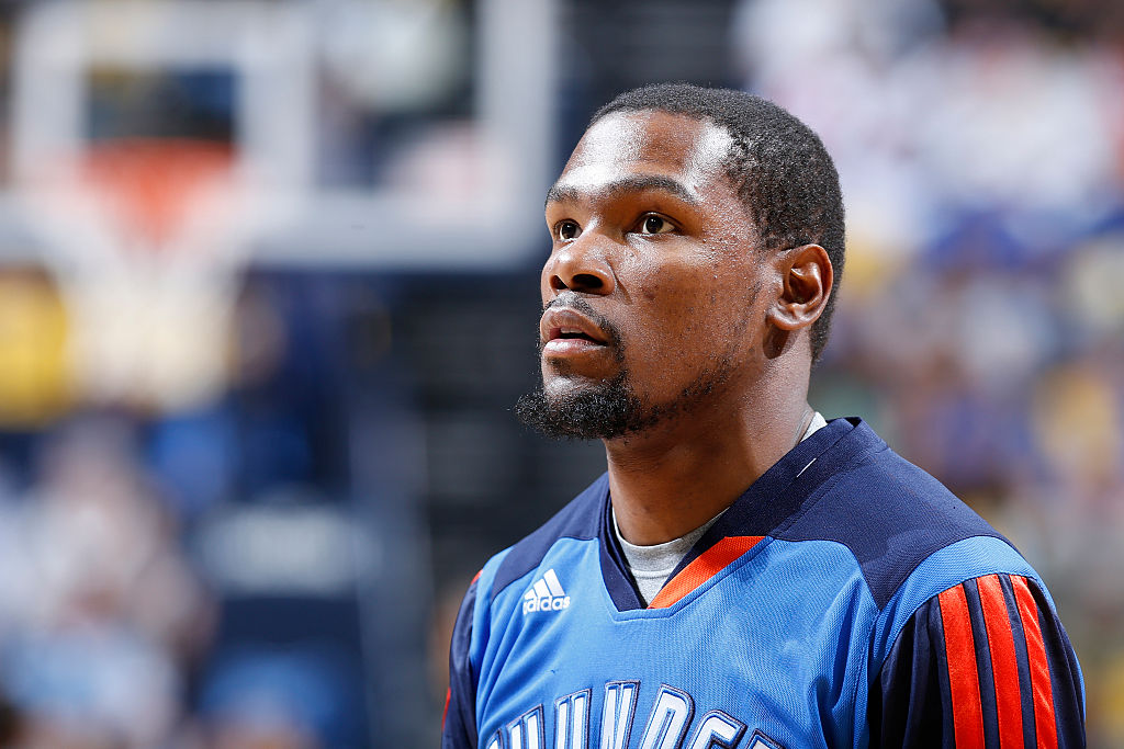 Kevin Durant #35 of the Oklahoma City Thunder looks on