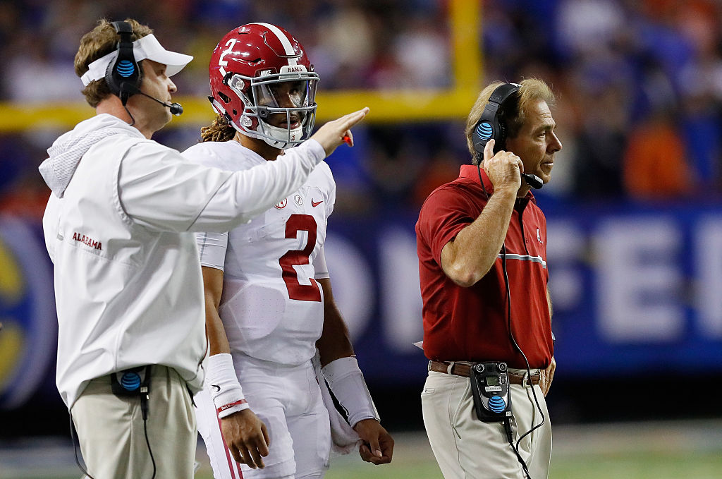 Former Alabama quarterback Jalen Hurts and head coach Nick Saban