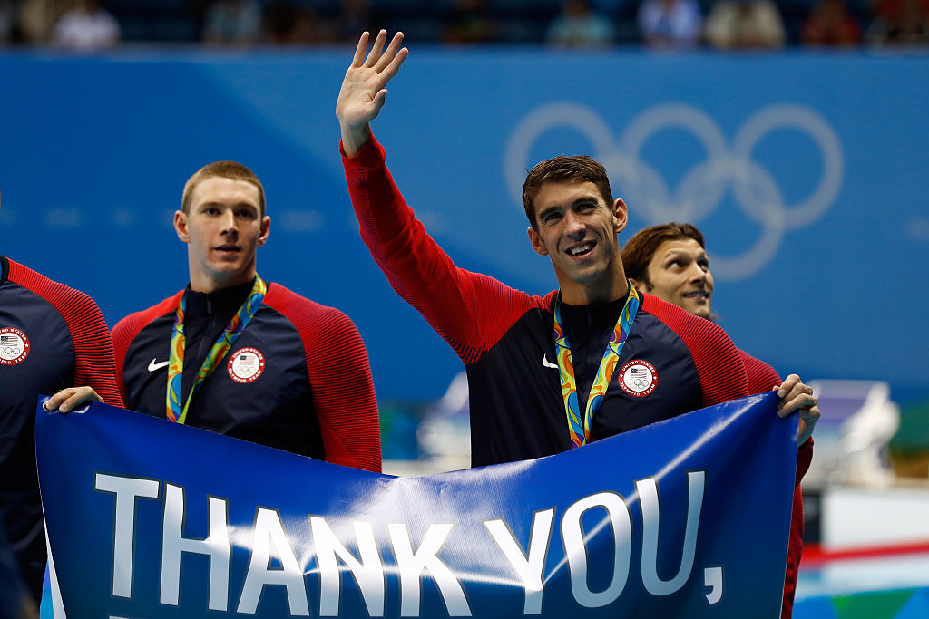 Gold medalist Michael Phelps of the United States celebrates at the 2016 Olympics