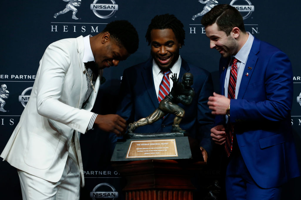 Lamar Jackson of Louisville (L), Bryce Love of Stanford (C), and Baker Mayfield of Oklahoma attend the 2017 Heisman Trophy Presentation