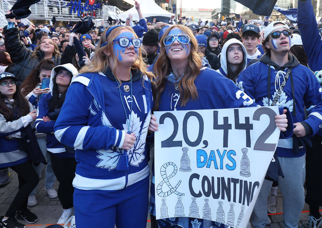Fans outside of the Scotiabank Arena ahead of a Toronto Maple Leafs game.