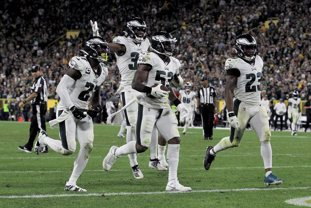 The Philadelphia Eagles' defense celebrates a big play during their much-needed win against the Green Bay Packers on Sept. 26.