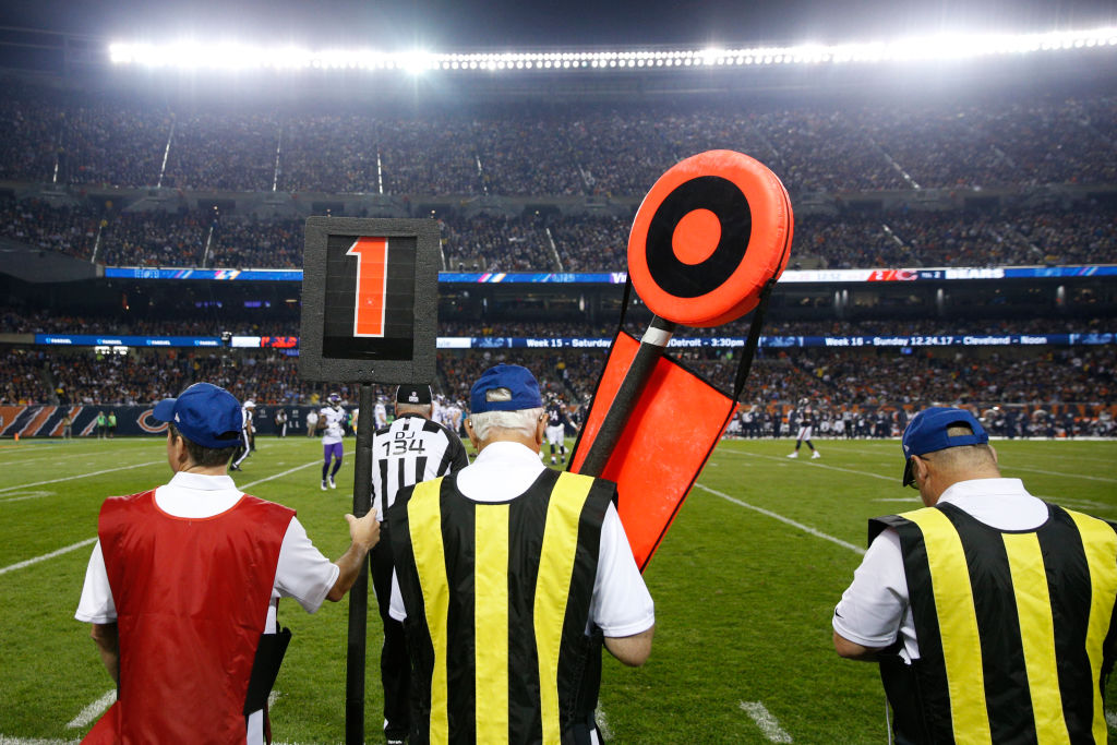 The sideline chain gang during an NFL game