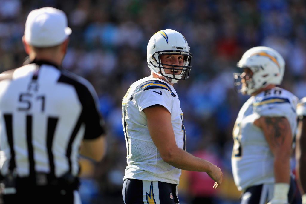 Philip Rivers of the Los Angeles Chargers talks to an NFL referee
