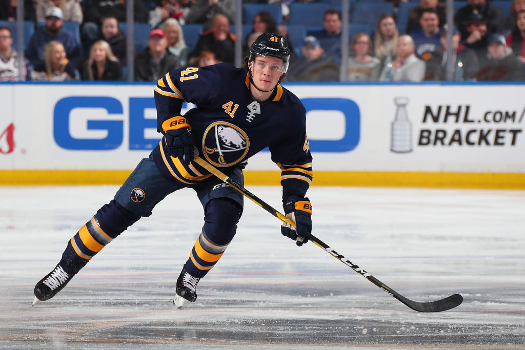 #41 of the Buffalo Sabres wearing what will be the team's old uniform after they switch to the Sabres 50th Anniversary jerseys.