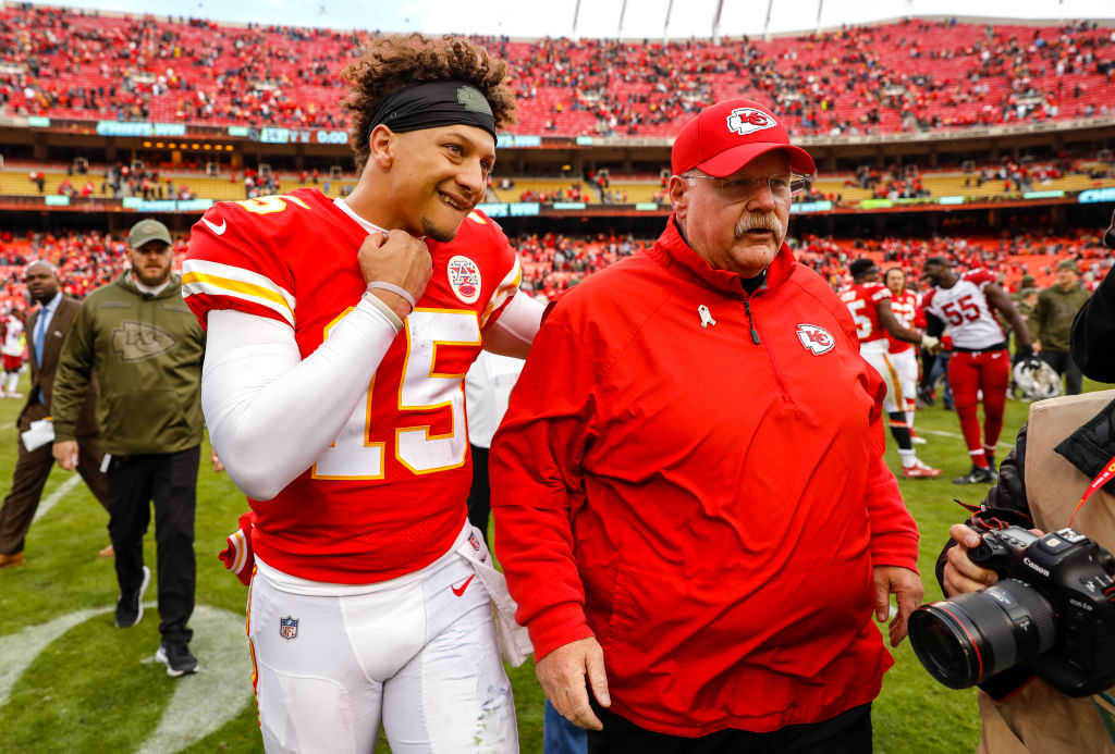 NFL quarterback Patrick Mahomes talks with Kansas City Chiefs head coach Andy Reid.