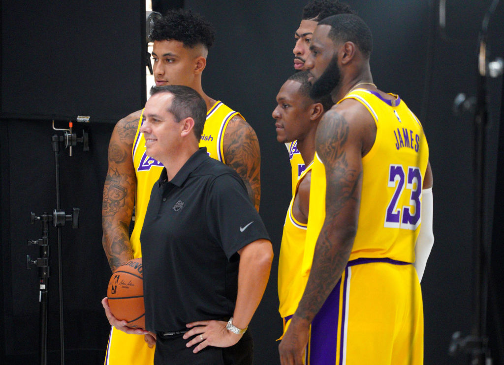 Lakers LeBron James, Kyle Kuzma, Anthony Davis, and Rajon Rondo along with head coach Frank Vogel