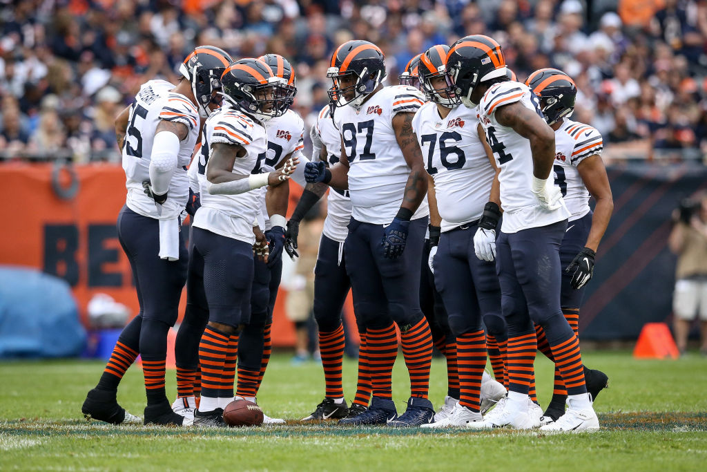 The Chicago Bears' defense huddles up.
