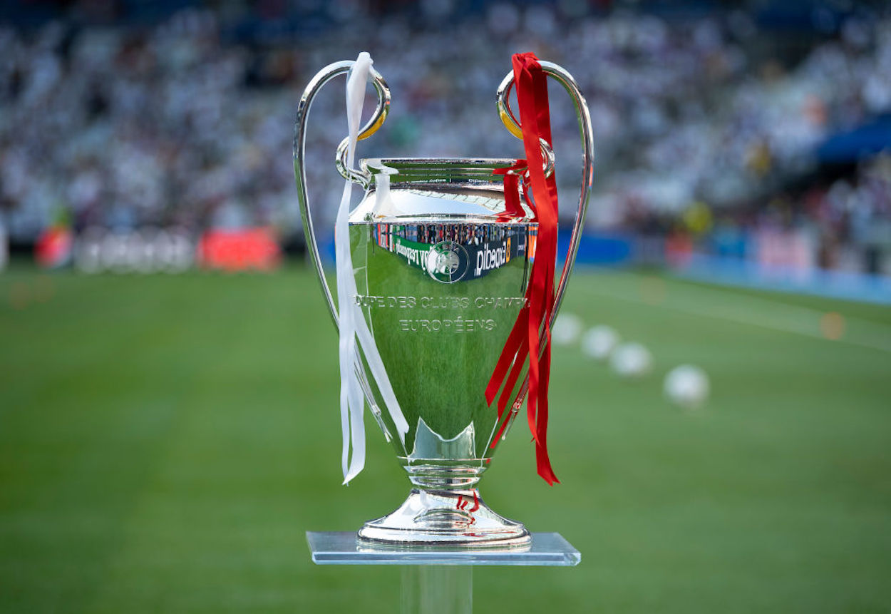 The UEFA Champions League trophy ahead of the 2022 final.