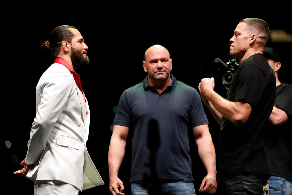 Jorge Masvidal and Nate Diaz stare each other down at the UFC 244 press confrence
