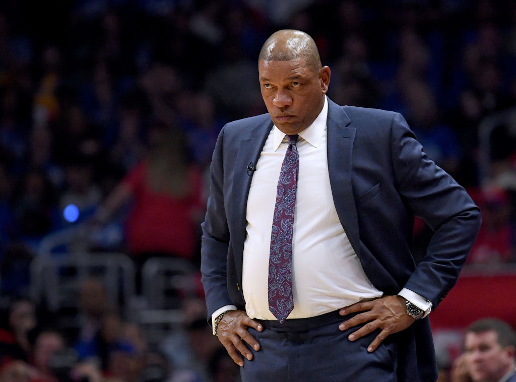 Clippers' coach Doc Rivers scowling on the sideline