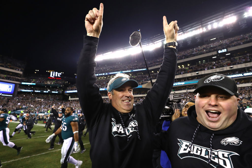 Eagles' coach Doug Pederson celebrating after an NFC Championship win