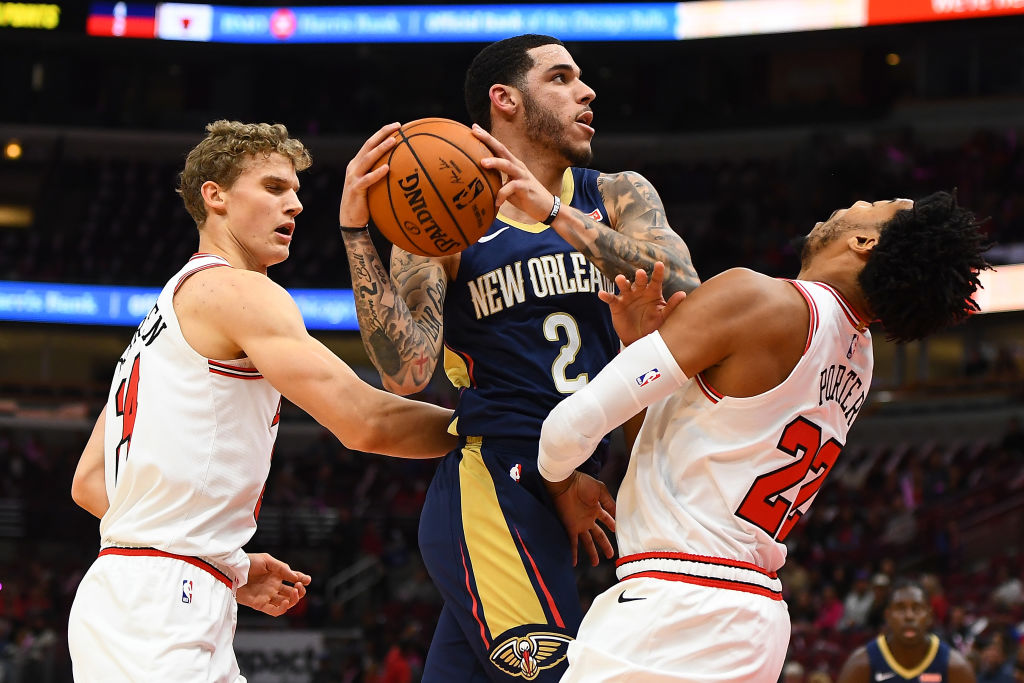 New Orleans newcomer Lonzo Ball (middle) loves the Pelicans' chances this NBA season.