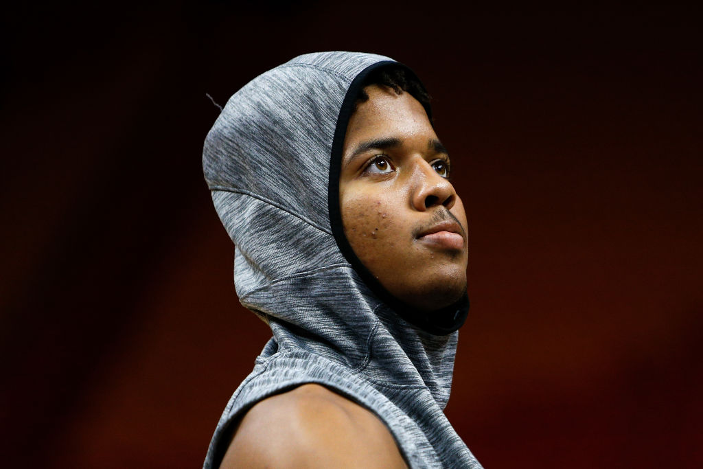 Markelle Fultz of the Philadelphia 76ers warms up prior to a game