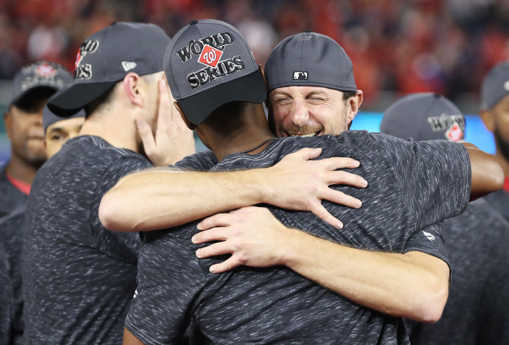 Max Scherzer #31 of the Washington Nationals celebrates winning game four