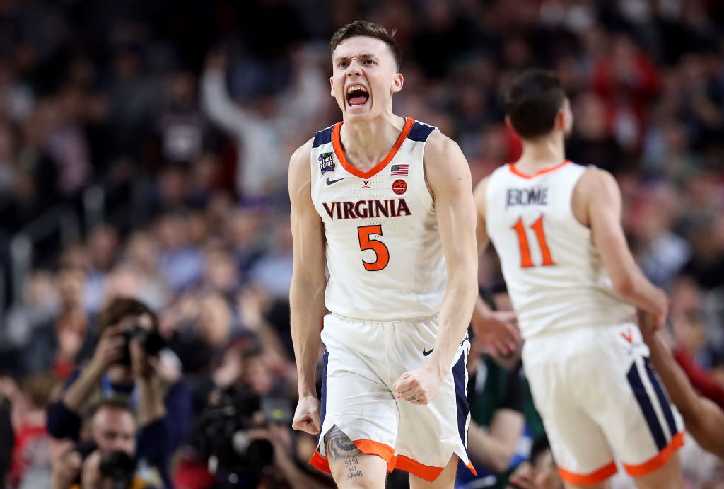 College basketball Champion Kyle Guy celebrating after a win.