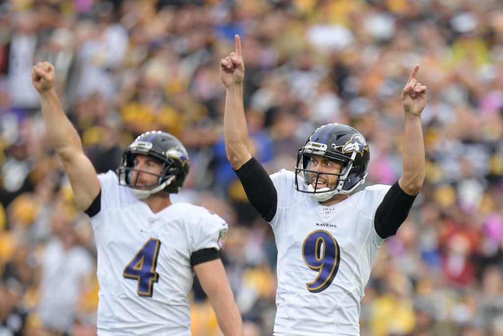 Justin Tucker (right) helped the Baltimore Ravens escape Pittsburgh with a win on Oct. 6, 2019.