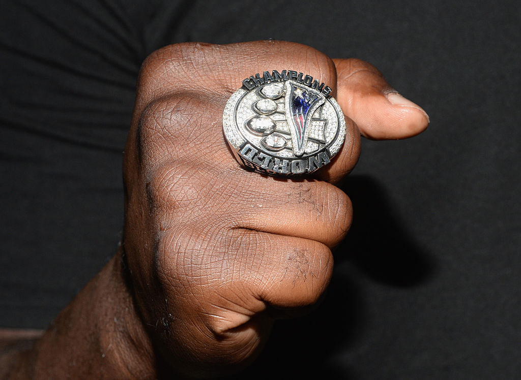 NFL player LeGarrette Blount shows off his Super Bowl ring