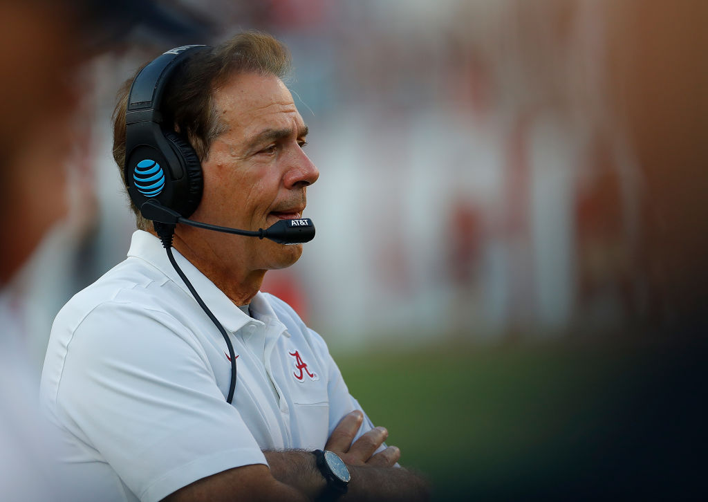 Head coach Nick Saban of the Alabama Crimson Tide looks on