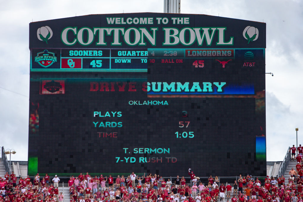 Scoreboard during the Big 12 Conference Red River Rivalry Game