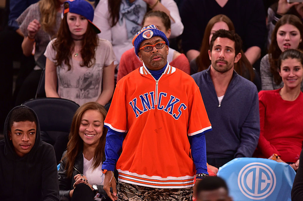 NBA fan Spike Lee cheers on the New York Knicks at Madison Square Garden.