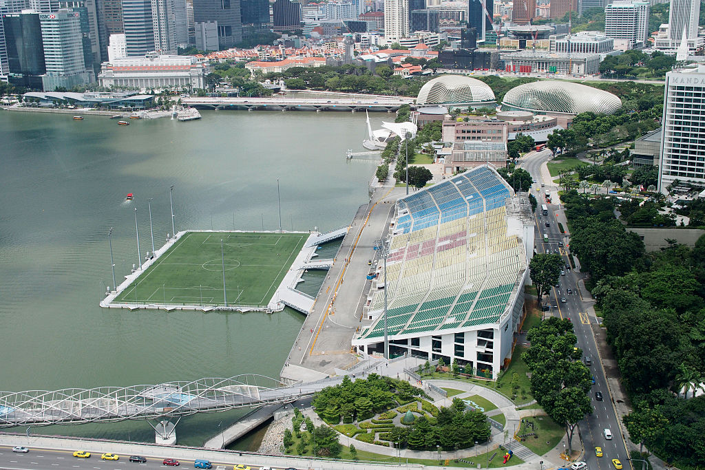 An aerial view of The Float and Seating Gallery at Marina Bay in Singapore