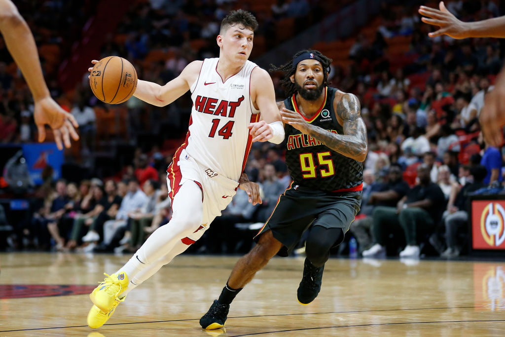 Miami Heat's rookie guard Tyler Herro driving to the basket.