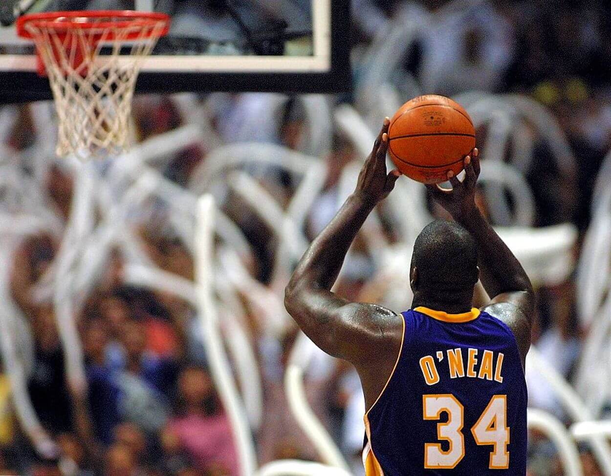 Shaquille O'Neal attempts a free throw during the 2001 NBA postseason.